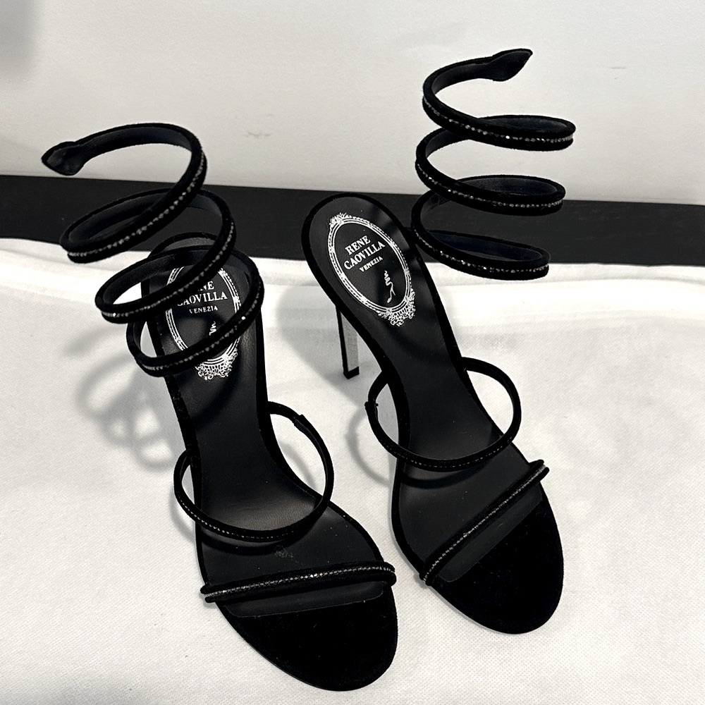 RENE CAOVILLA NWOT Cleo Suede Strass Ankle-wrap Sandals Black Sandal Heel 37.5 - Picture 2 of 7
